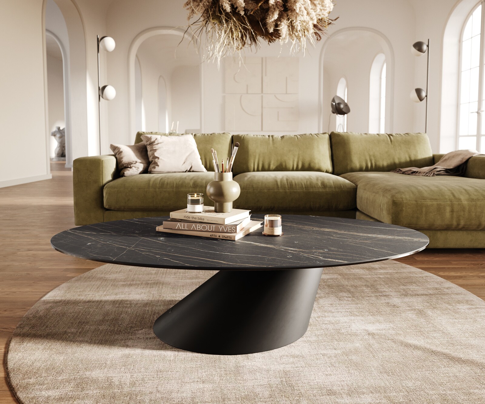 Масичка за хол Edge Oval 140x80 см, керамика Laminam, цвят „®“, Noir Desir, кафяво, Conis, метал, черно 2