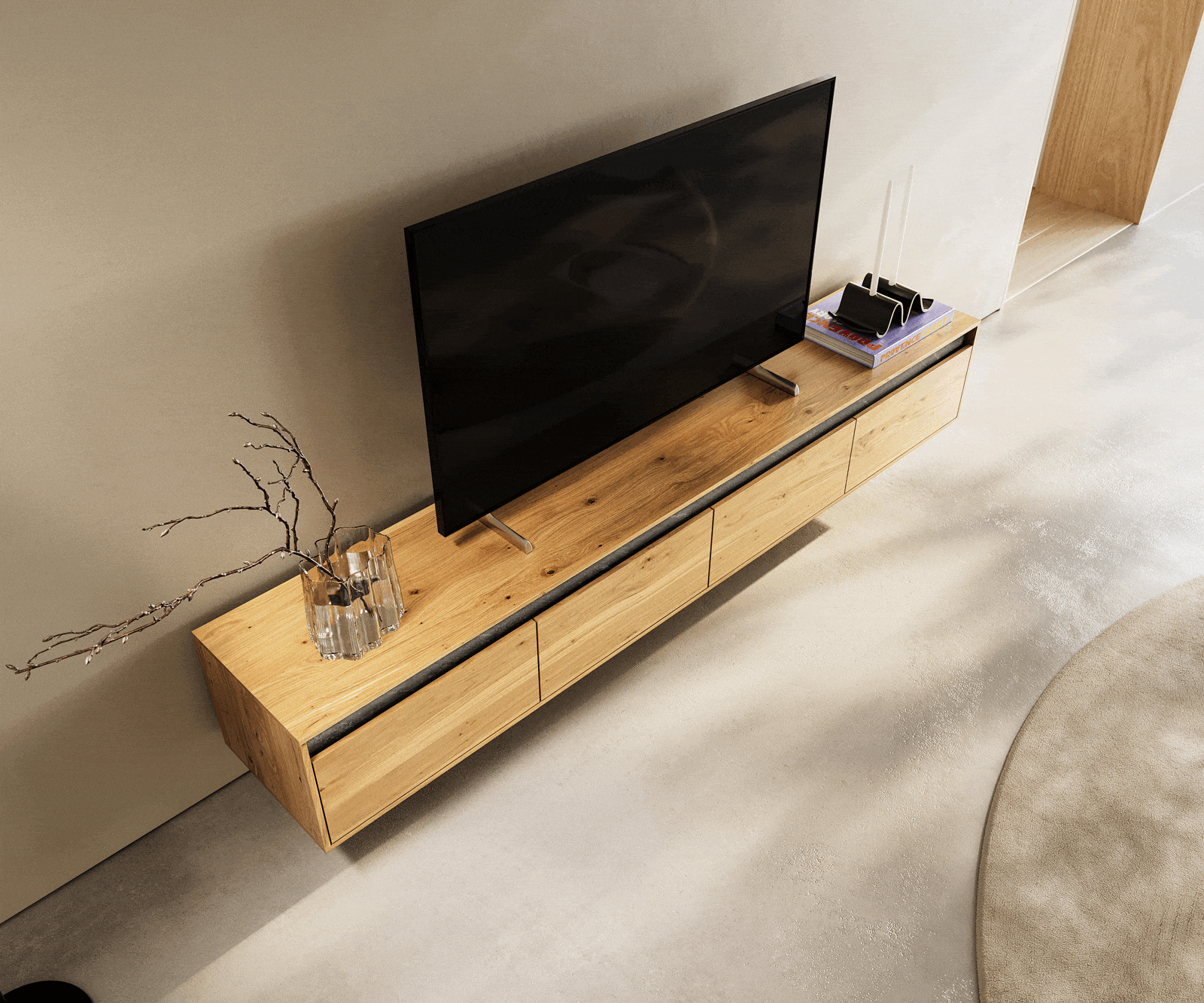 ТВ шкаф Stonegrace 200 cm естествен дъб шисти 4 чекмеджета плаващи 3