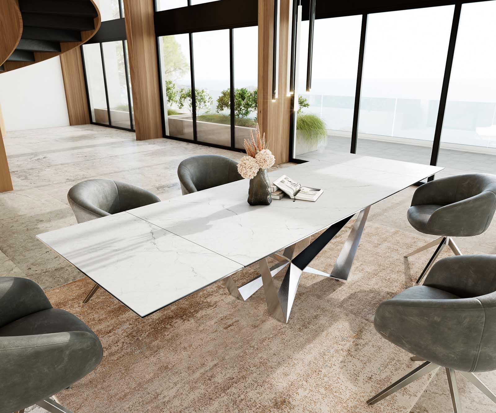 Разтегателна трапезна маса Edge 200-300х100 см Керамика Laminam®Statuarietto Бял Основа стомана тип Spider Сребристосив цвят