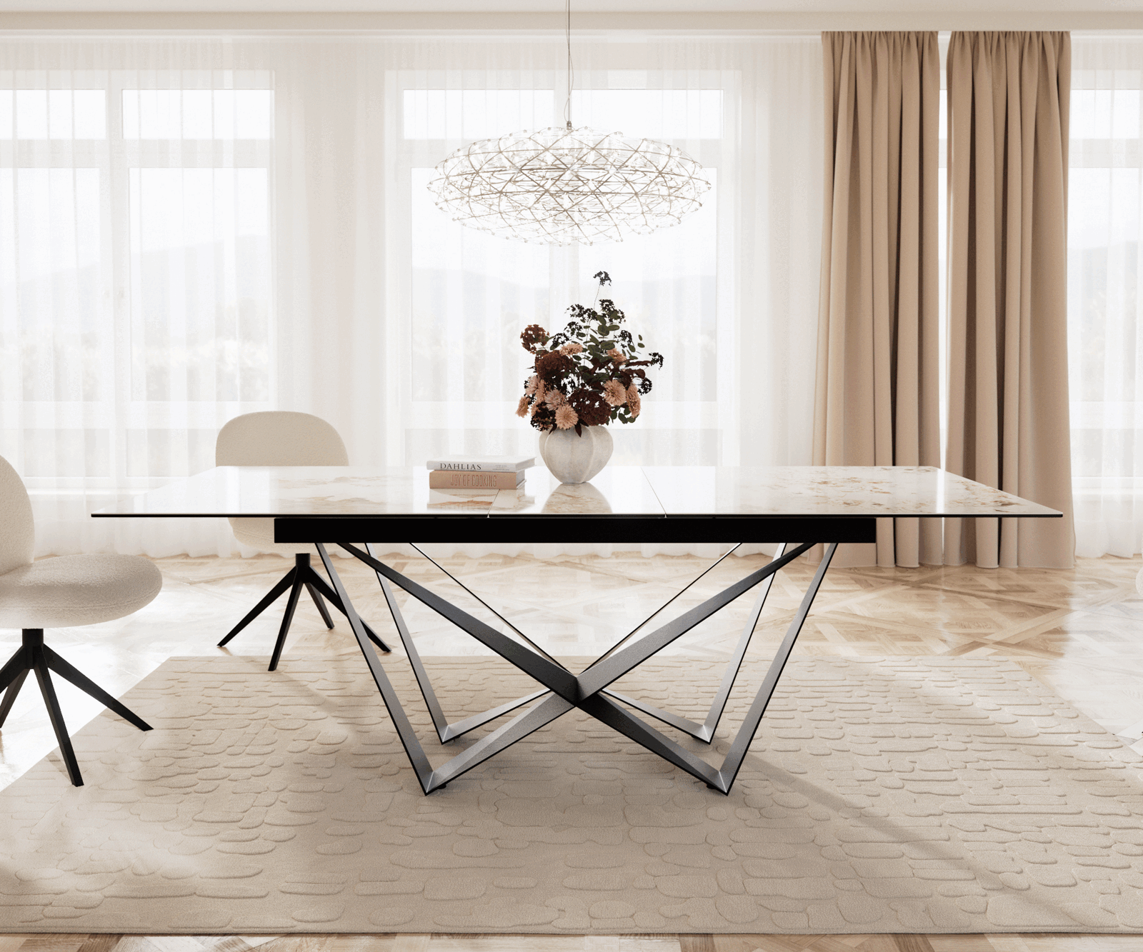 Маса 180-220x100 Keramik Minas Melange Бял-Бежов Spider плоска стомана Черен разтегателна Edge 2