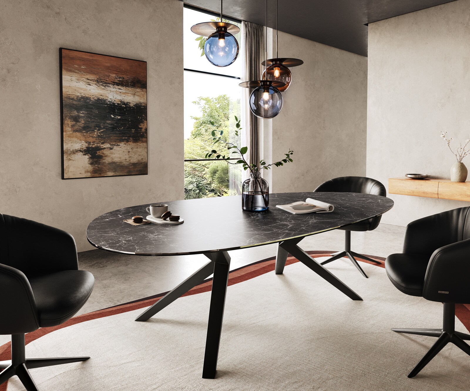 Трапезна маса Edge Oval 220x120, керамика Laminam „®“, „Nero Greco“, „Anthrazit“, „Zenthara“, с остри ръбове, метал, черна 1