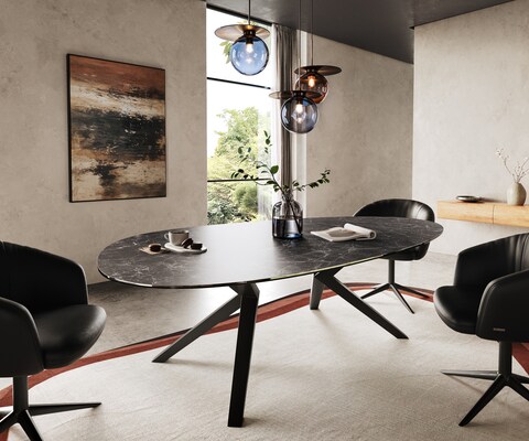 Трапезна маса Edge Oval 220x120, керамика Laminam „®“, „Nero Greco“, „Anthrazit“, „Zenthara“, с остри ръбове, метал, черна