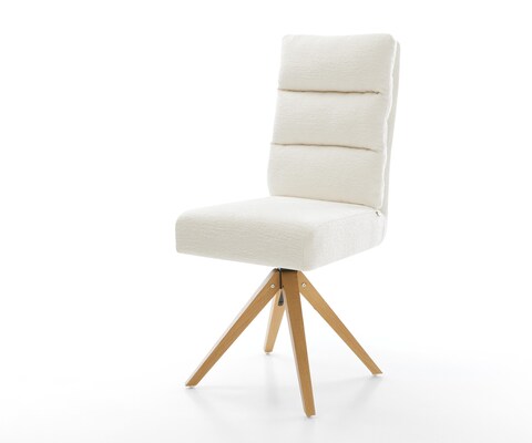 Въртящ се стол „Pela-Flex Bouclé Soft Beige“ с дървена рамка с изчистени линии в естествен цвят, въртящ се на 180°, с джобни пружини