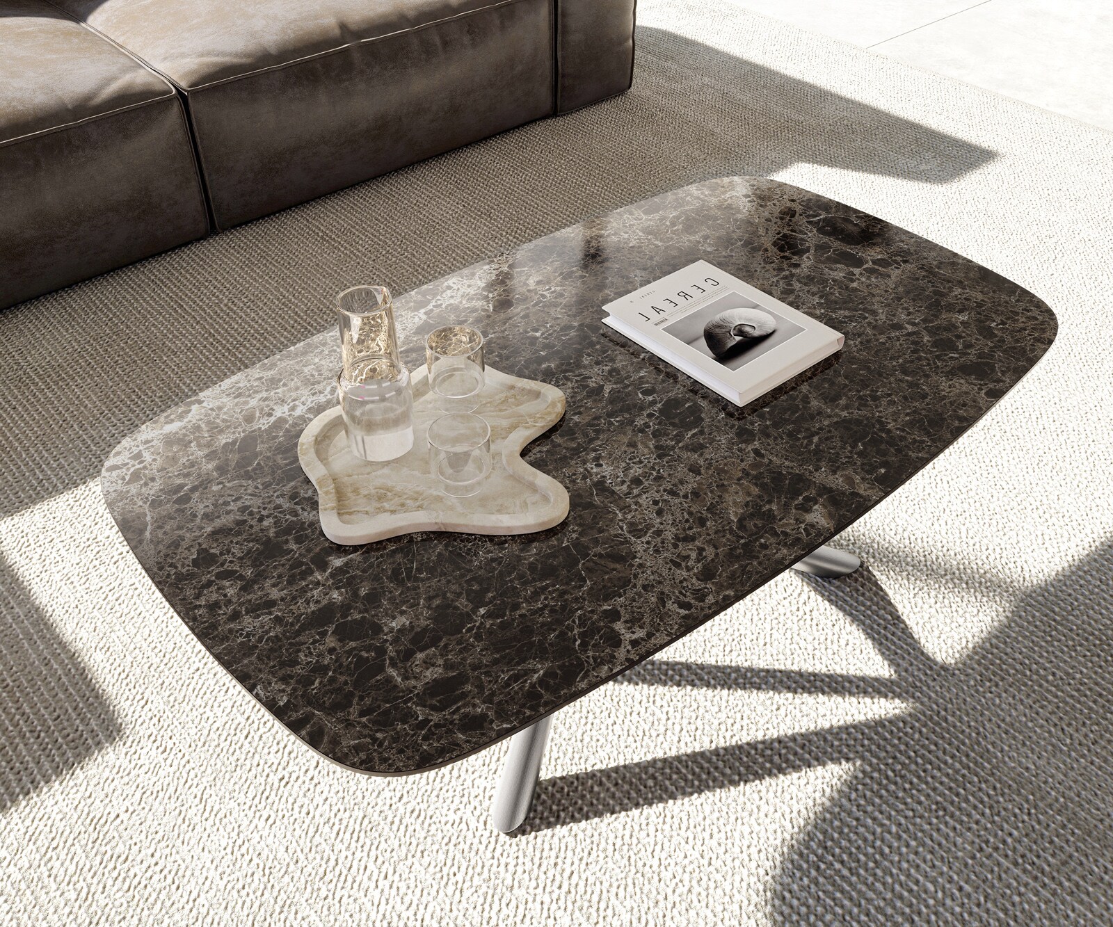 Масичка за кафе Edge Boot 120x70 cm Керамичен ламинат® Emperador Extra Lucidato Тъмно кафяво Sarity Матирана неръждаема стомана 4