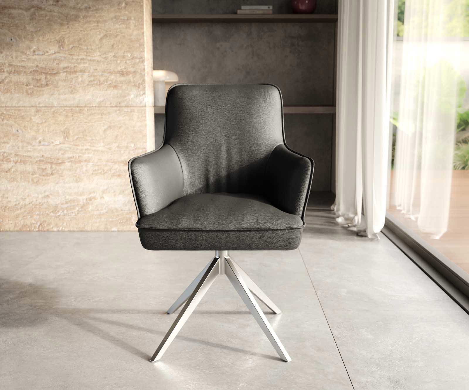 Врътящ се стол с подлакътници Естествена кожа Черен Конус крак плосък Неръждаема стомана 360° въртящ се Покет пружина Heira-Flex 1 Врътящ се стол с подлакътници Естествена кожа Черен Конус крак плосък Неръждаема стомана 360° въртящ се Покет пружина Heira-Flex 1