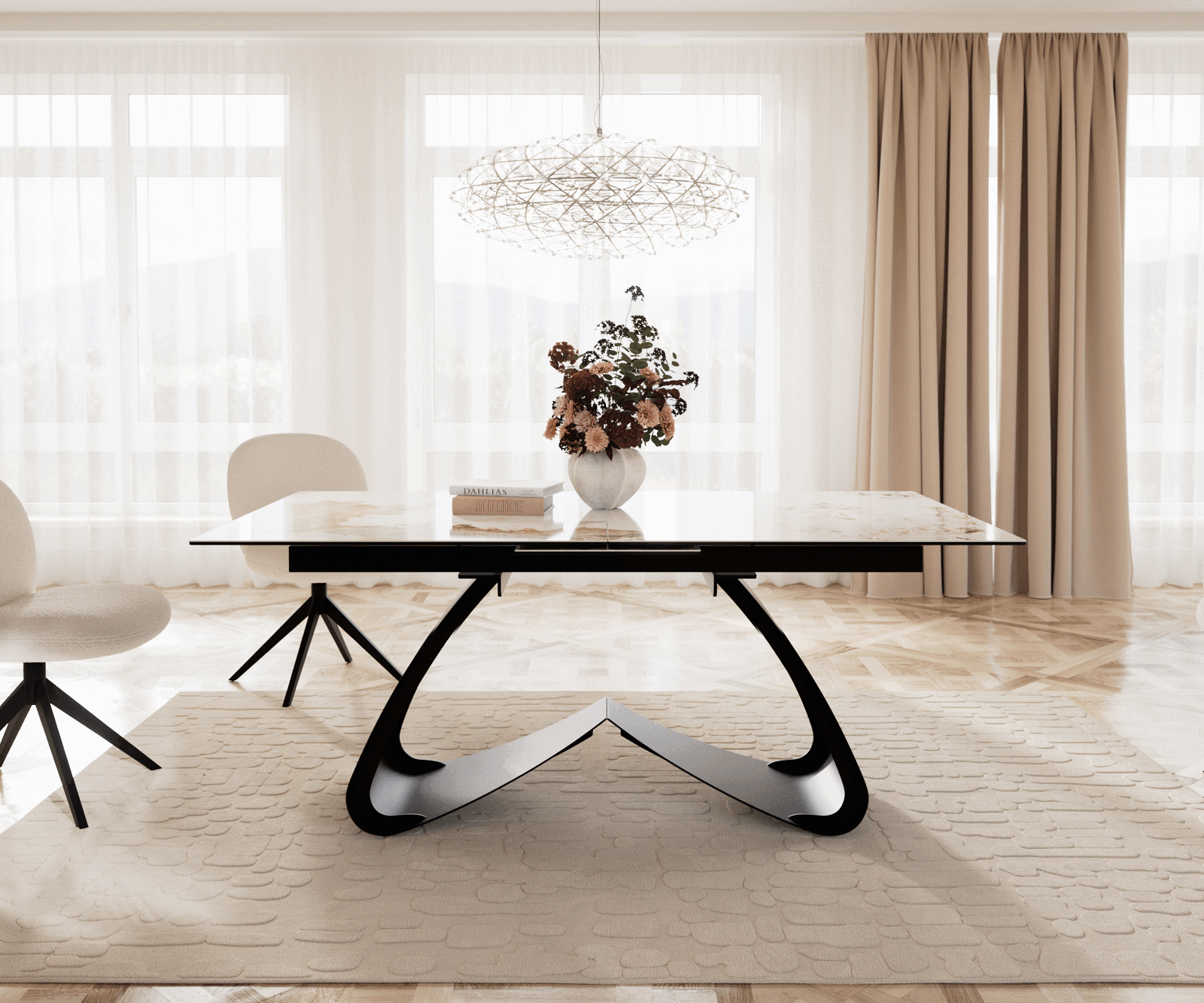 Маса 180-220x100 Keramik Minas Melange Бял-Бежов W-Рамка Черен разтегателна Edge 2