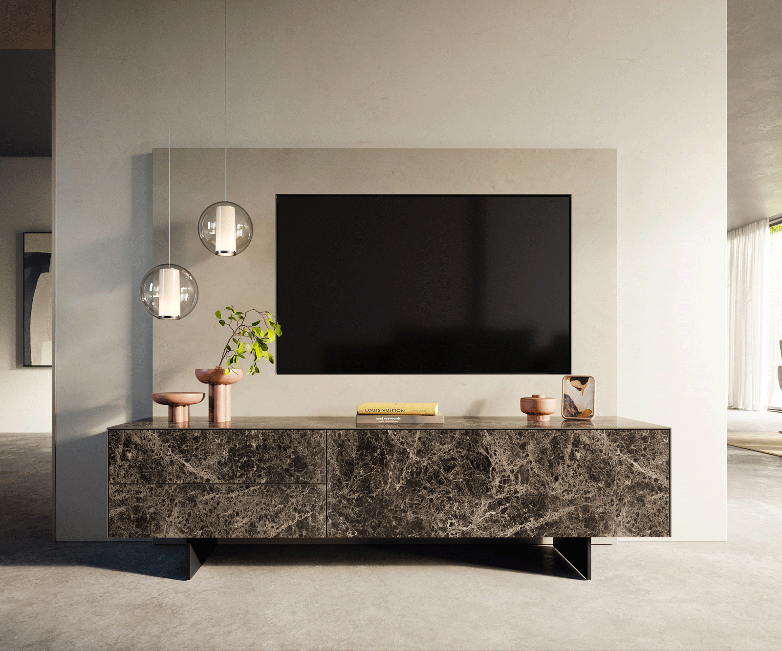 ТВ шкаф Cuor 180 см Керамика Laminam® Emperador Extra Lucidato Тъмно-кафяво 1 врата 2 чекмеджета Основа Метал Черен 2