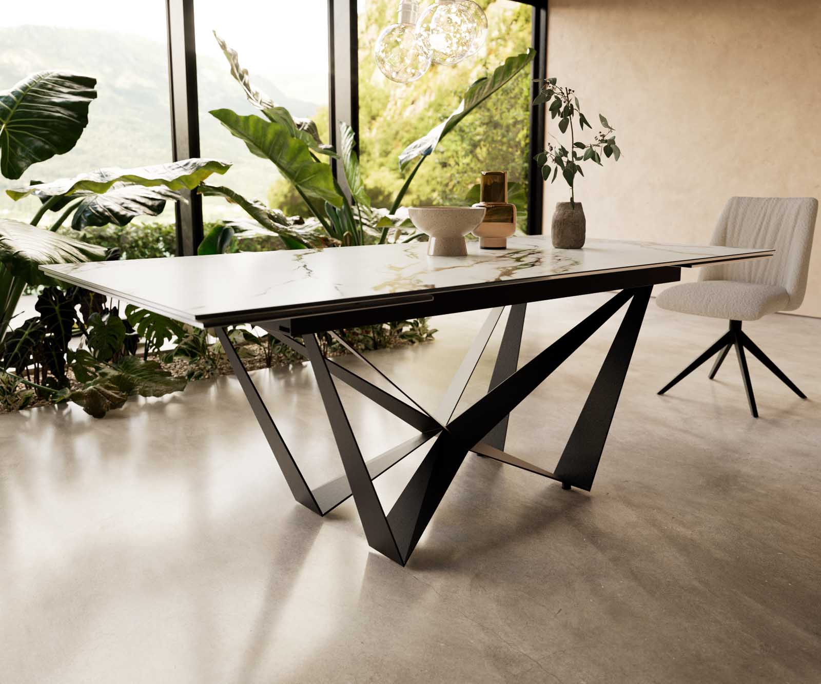 Разтегателна трапезна маса Edge 200-300x100 см Керамика Calacatta Luxe Бял-Злато-Сив Основа стомана тип Spider Черен 6