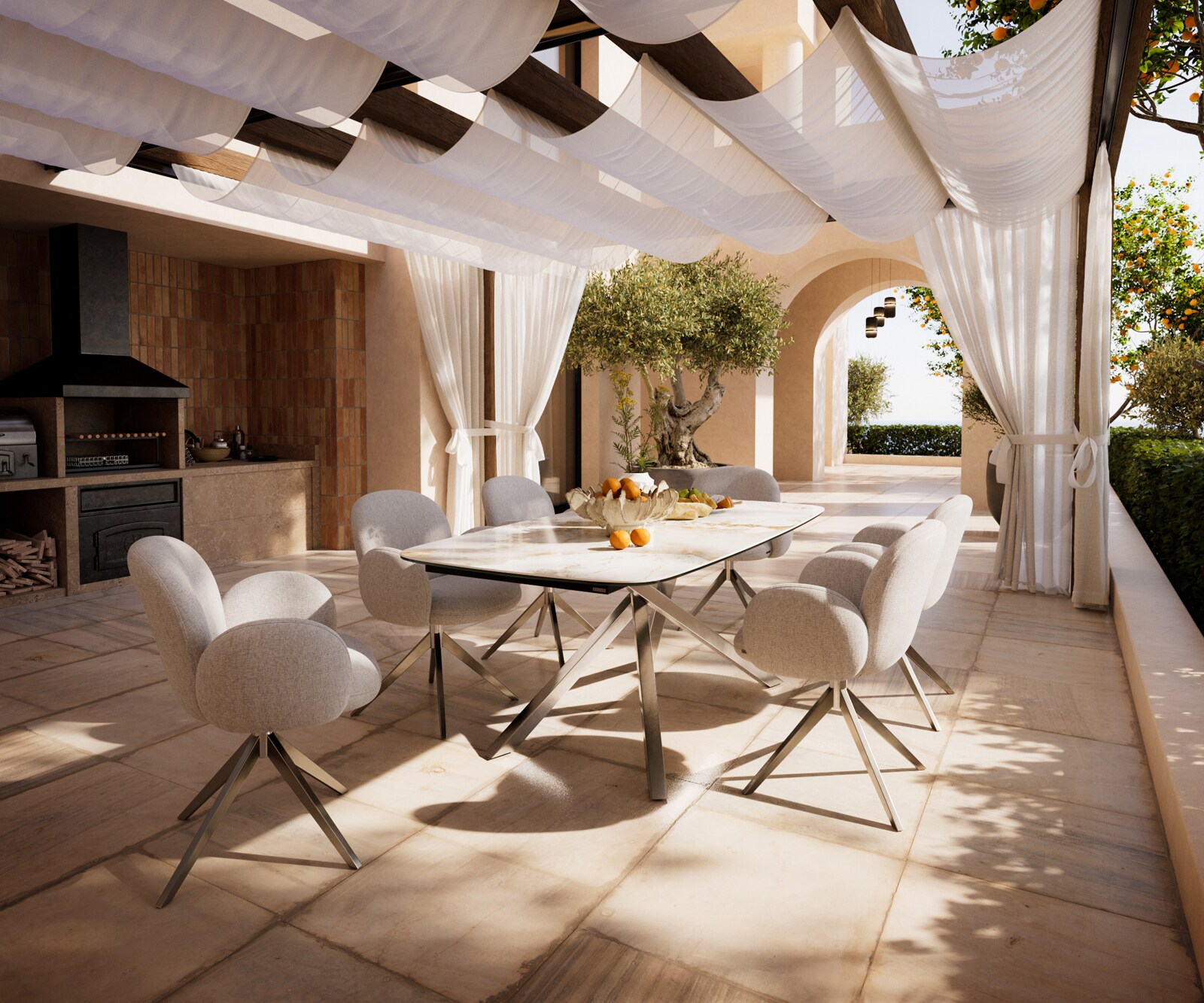 Маса Edge тип Лодка 200x100 см, керамика Minas Melange, бяло-бежова, подходяща за външна употреба, кръстосана рамка, правоъгълна, неръждаема стомана 7