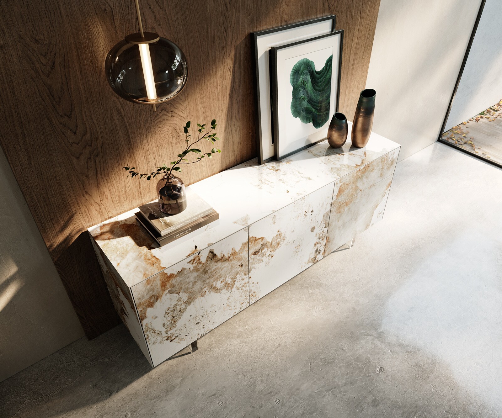 Бюфет Cuor 180 cm Керамичен Minas Melange Бяло-бежово 2 врати 3 чекмеджета Основа Плаващ вид акрилно стъкло 3