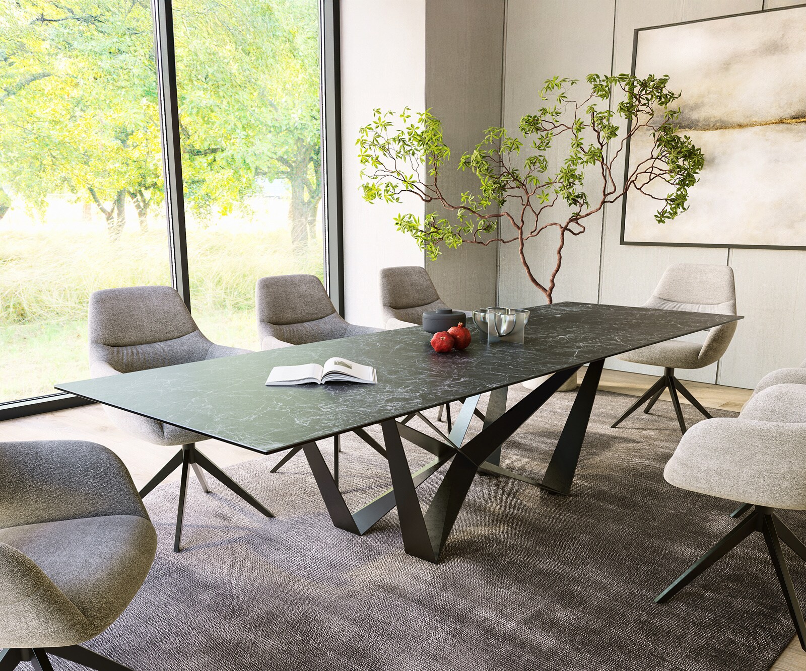 Маса 300x100cm Keramik Laminam®Nero Greco Антрацит среден крак плоска стомана Черен Edge