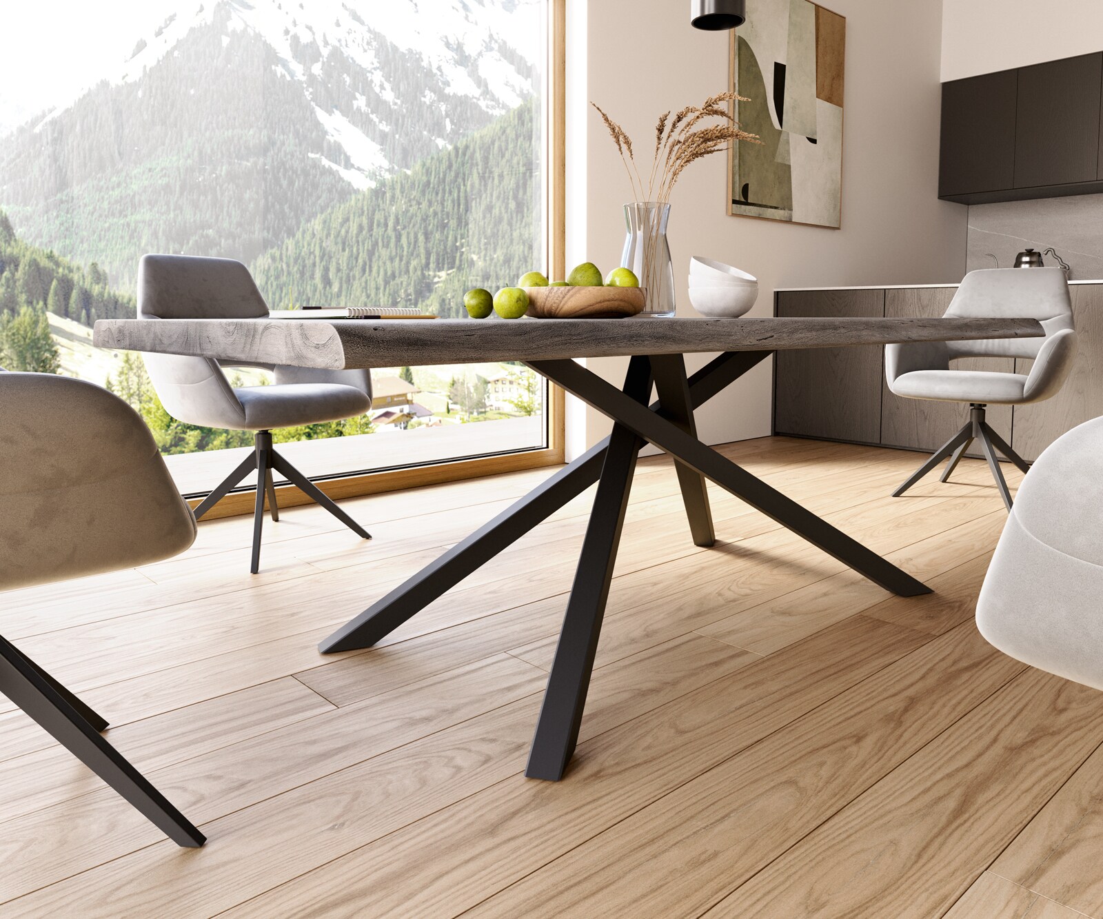 Трапезна маса Edge 220x100 XL от акация, платинен цвят, кръстообразна конструкция, правоъгълна, черна, с естествени ръбове 5
