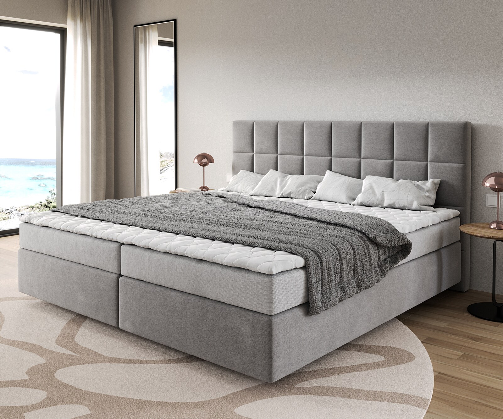 Легло Боксспринг Микрофибър Сив 200x200 cm Бонел-Матрак PU-Топер Dream-Fine