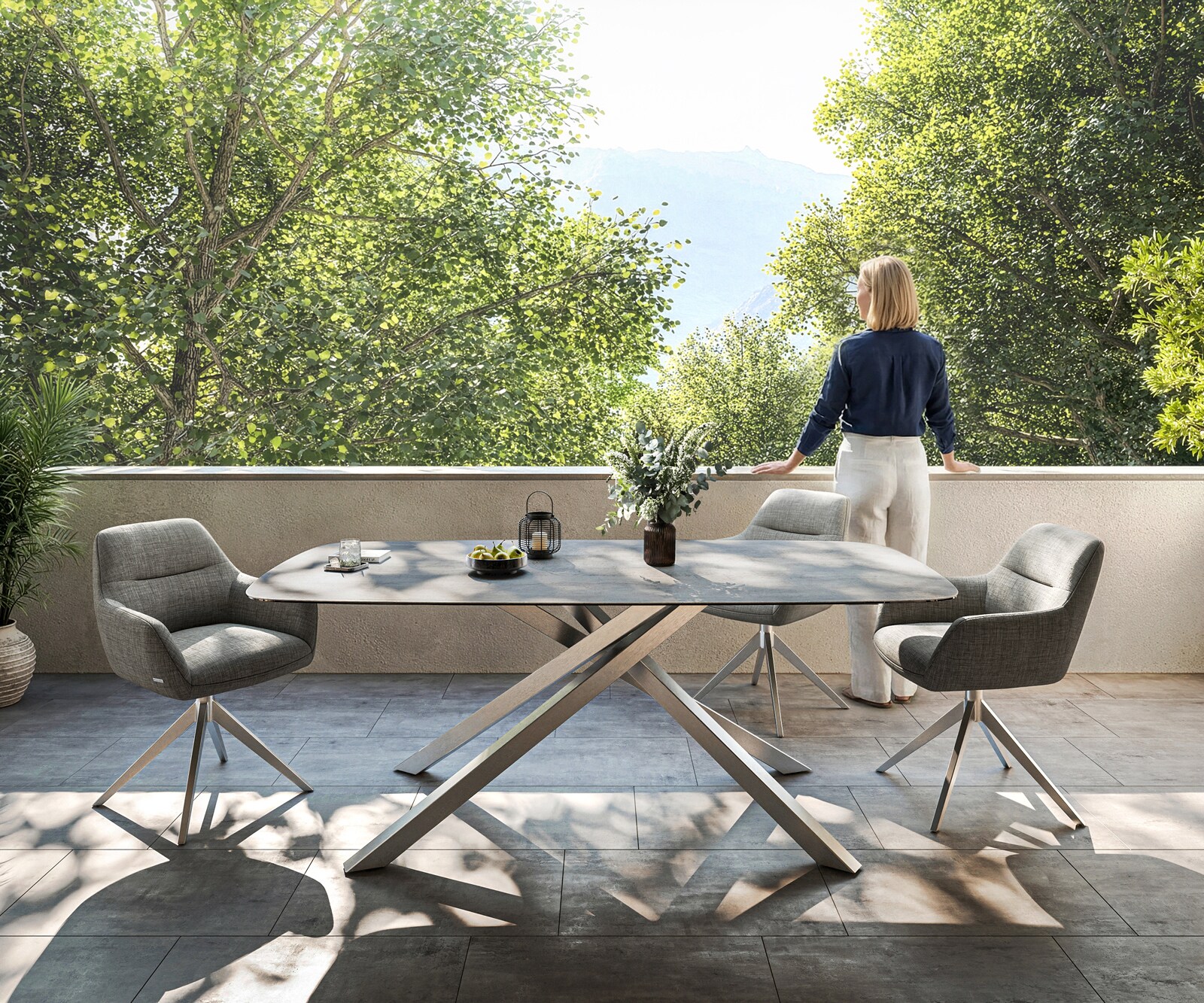 Маса Edge Boot 200x100 см, керамичен бетон, сив, подходяща за външна употреба, кръстосана рамка, правоъгълна, неръждаема стомана