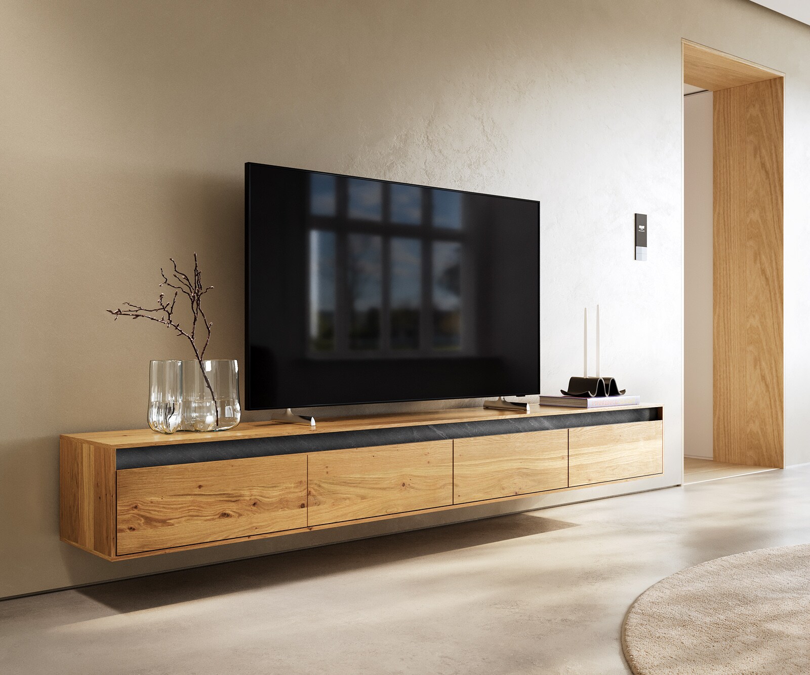 Ниска дъска Stonegrace 240 cm естествен дъб 4 врати плаващи