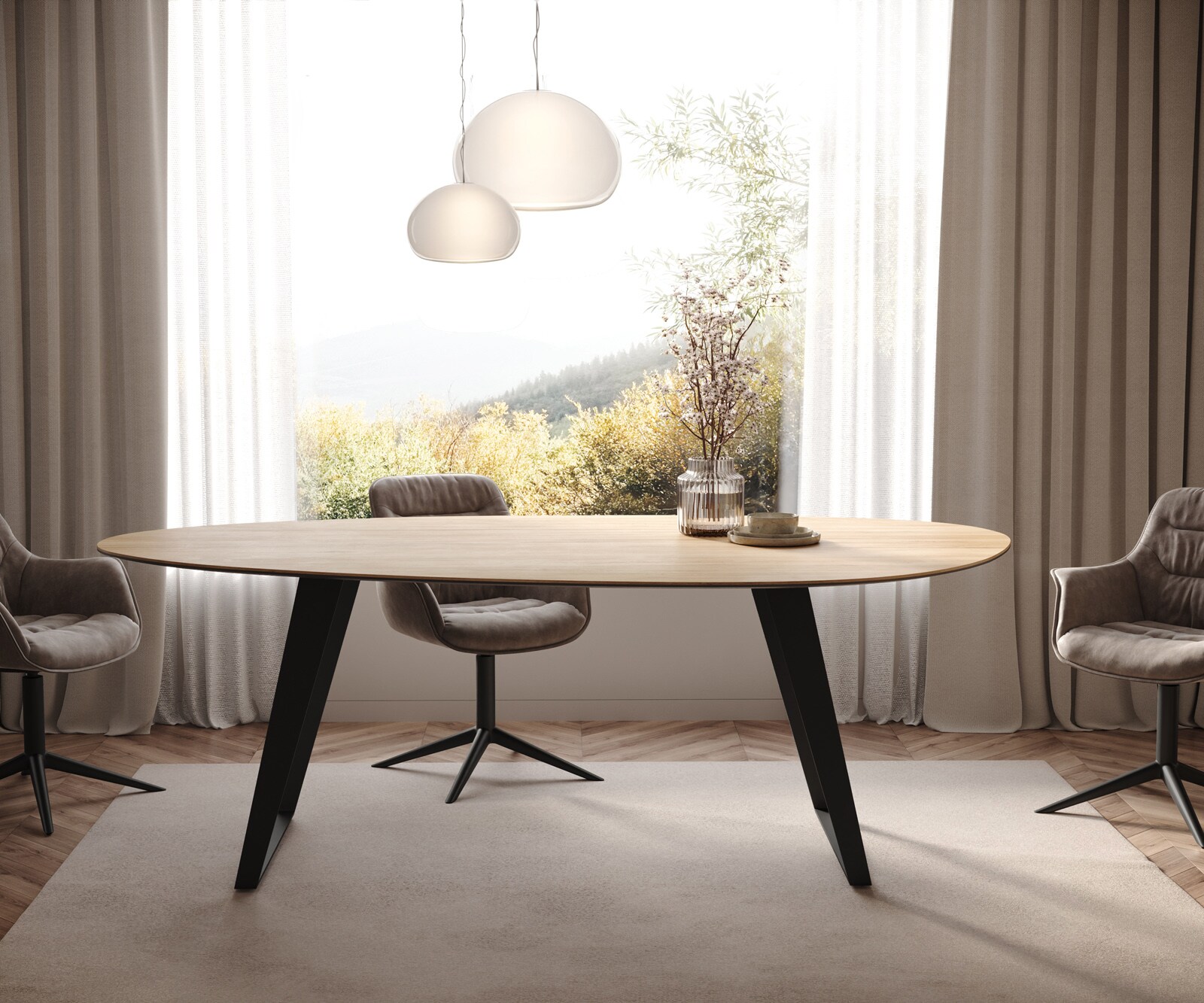 Трапезна маса Edge Oval 220x120 см, керамика Laminam „®“, цвят „Sabbia“ (в цвят на дъб), метал, наклонена, черна 2
