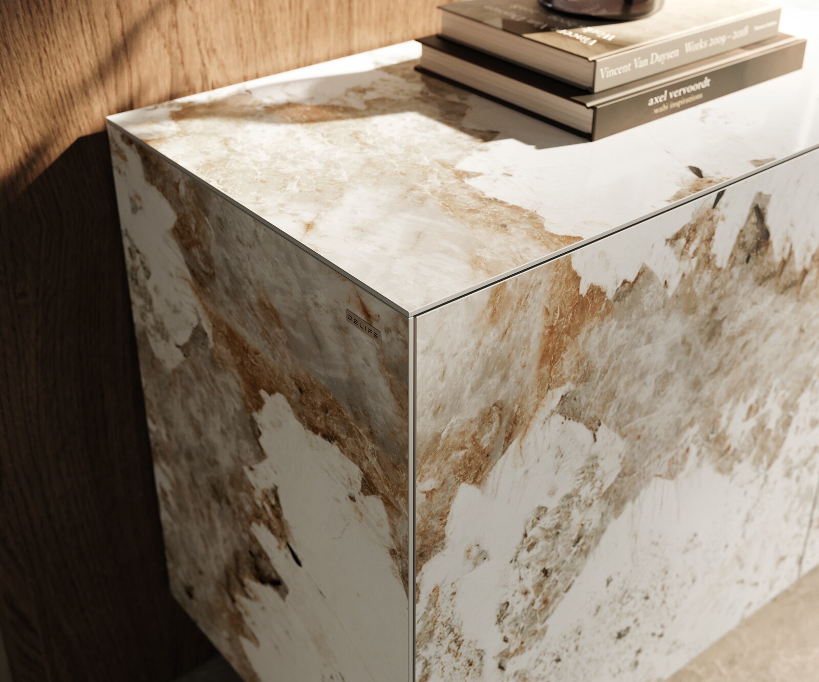 Бюфет Cuor 180 cm Керамичен Minas Melange Бяло-бежово 2 врати 3 чекмеджета Основа Плаващ вид Метал Черно 6