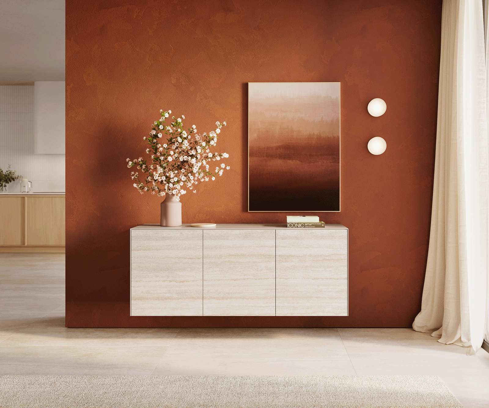 Стенен бюфет Cuor 150 см Керамика Laminam® Travertino Bianco Крем-бяло 3 врати 1