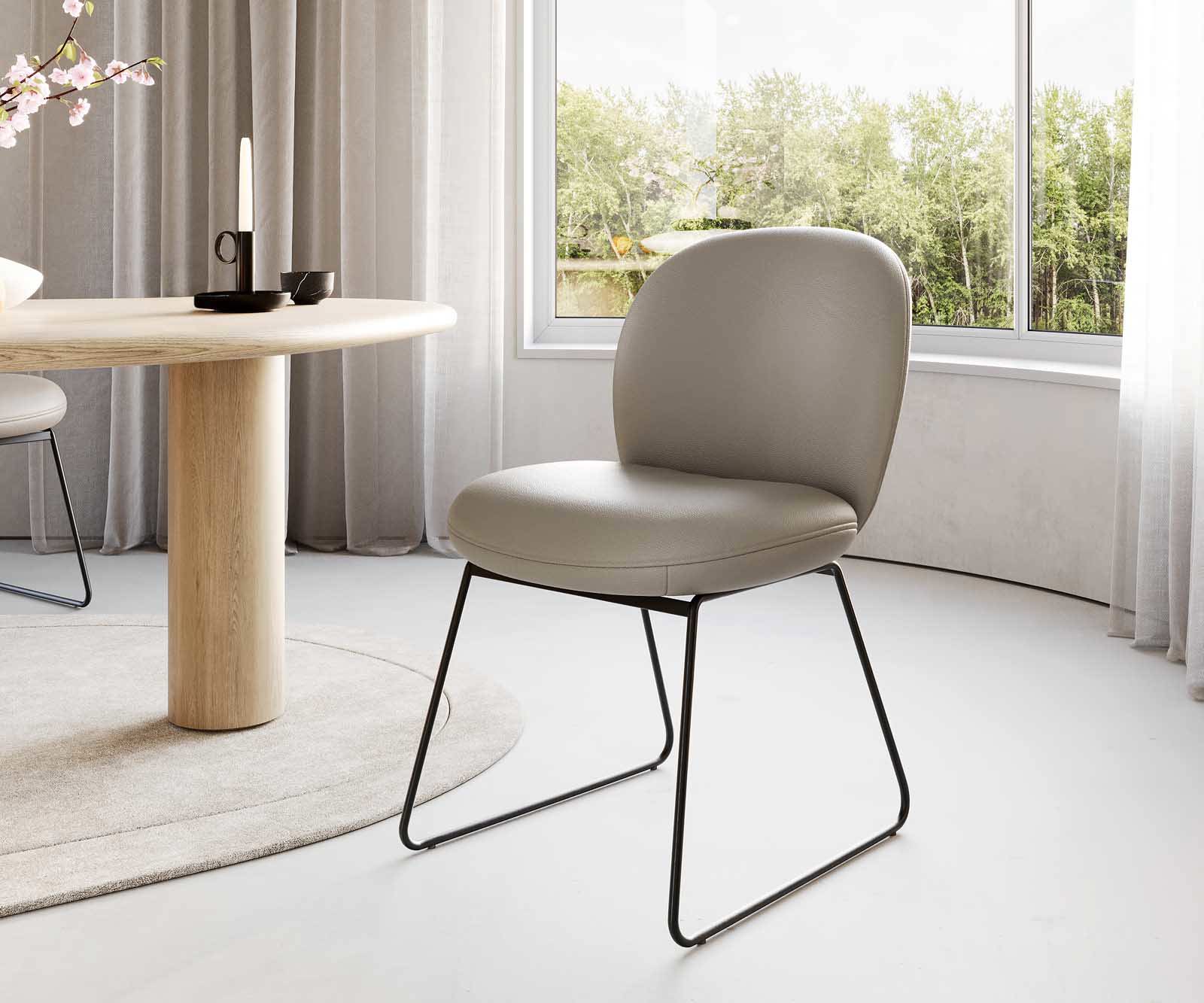 Трапезен стол Естествена кожа Сиво-Кафяв Извити крака Черен Покет пружина Nube-Flex