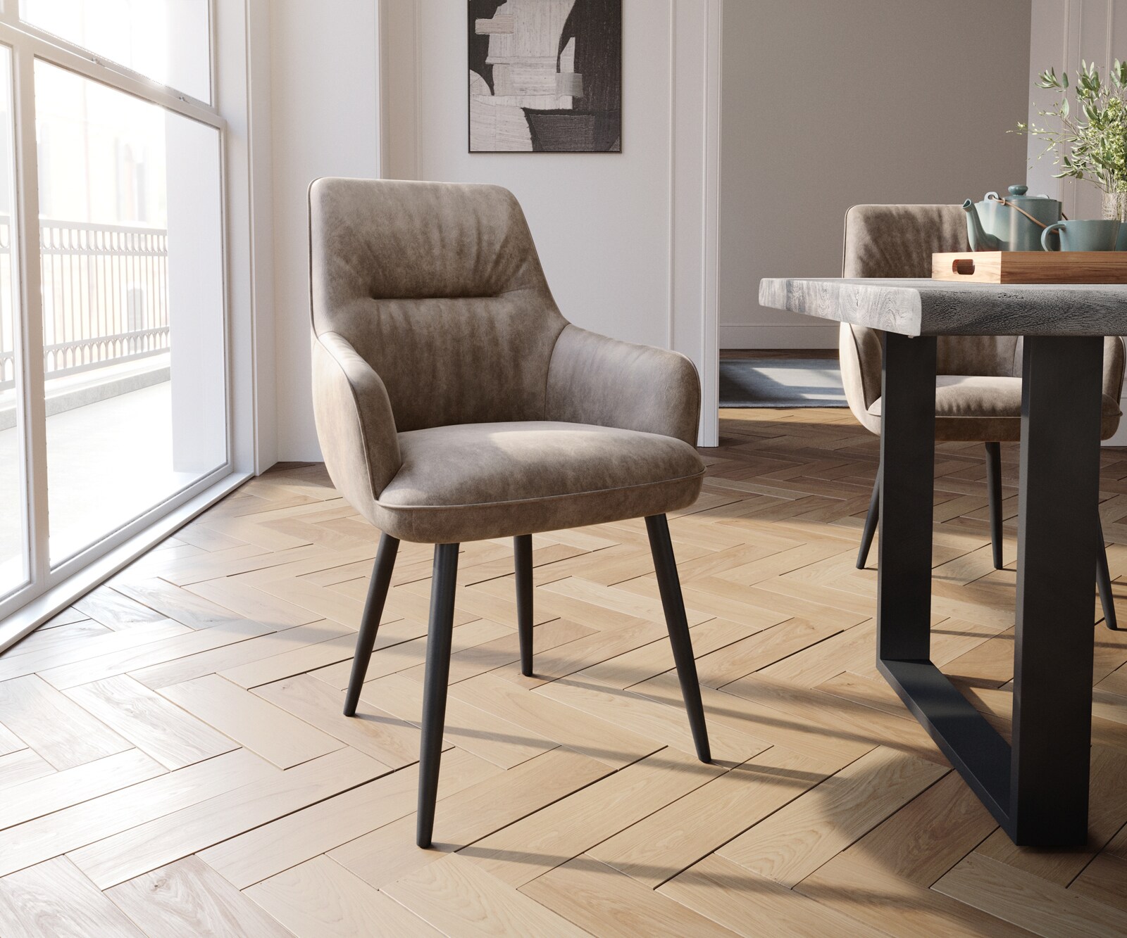 Стол с подлакътници Таупе Винтидж 4-крака Прави Черни  Покет пружина Zelia-Flex 1