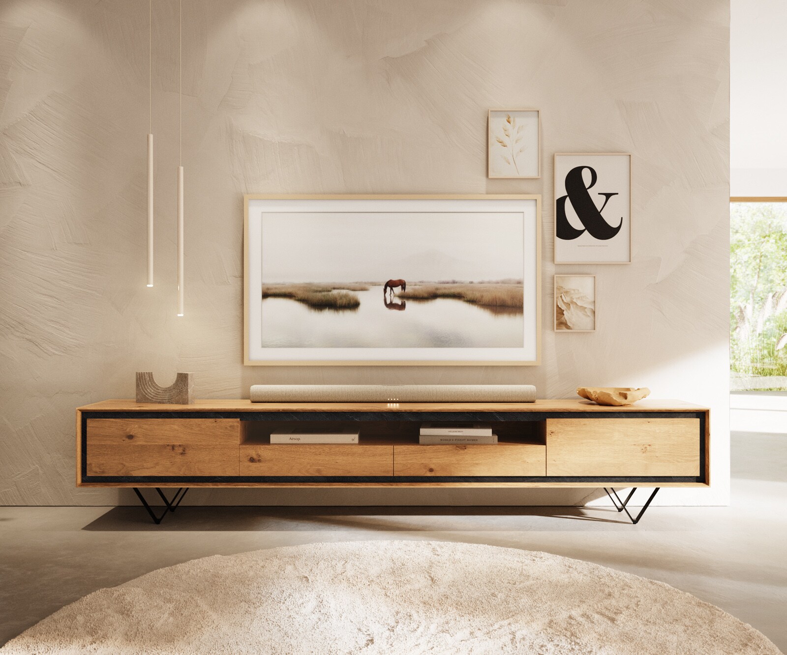 Нисък шкаф Stonegrace 240 cm естествен дъб 2 врати 1 отделение 2 чекмеджета каменен фурнир V-образен метален крак черен 1