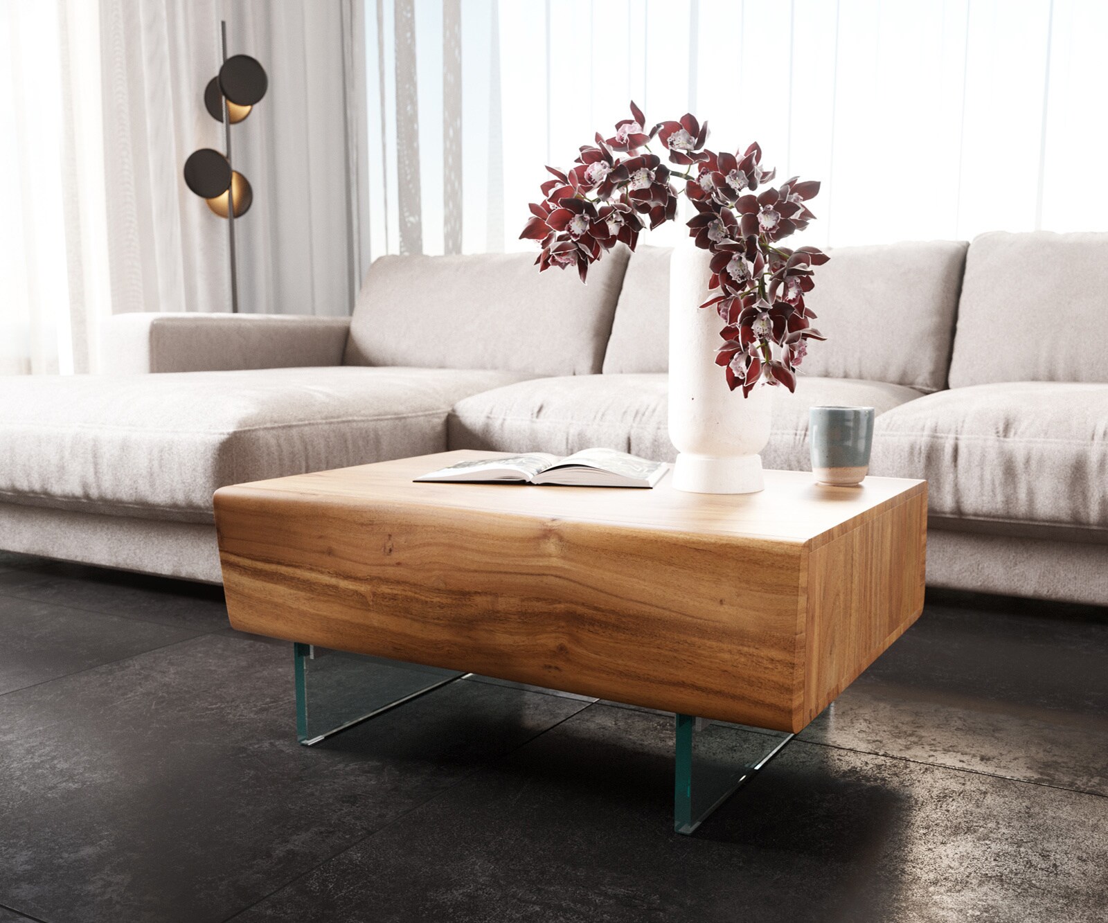 Холна маса Live-Edge 80x60 cm Акация Натурал 2 чекмеджета Стъкленплаващ крак New 4