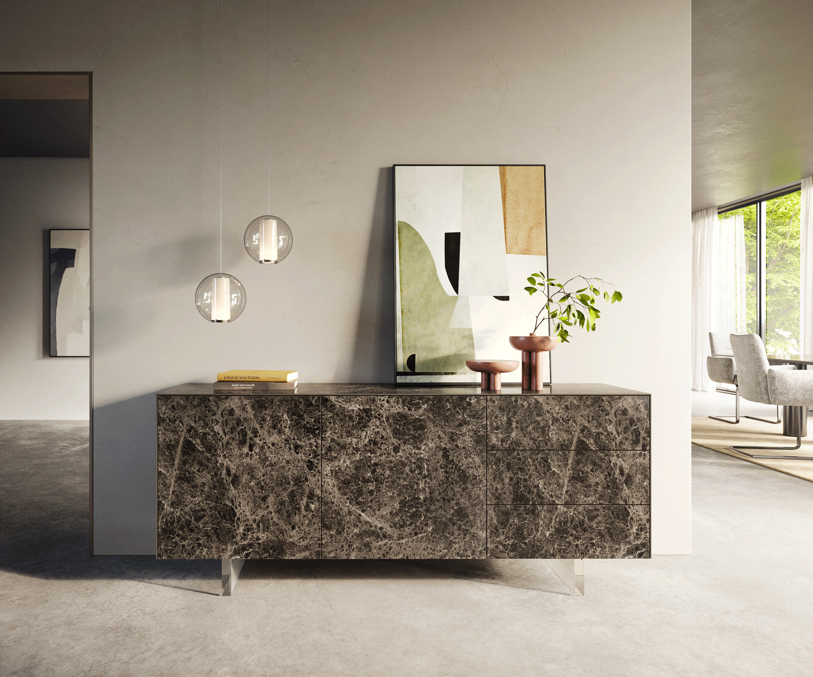 Бюфет Cuor 180 cm Керамичен ламинат® Emperador Extra Lucidato Тъмно кафяво 2 врати 3 чекмеджета Основа Плаващо акрилно стъкло 1