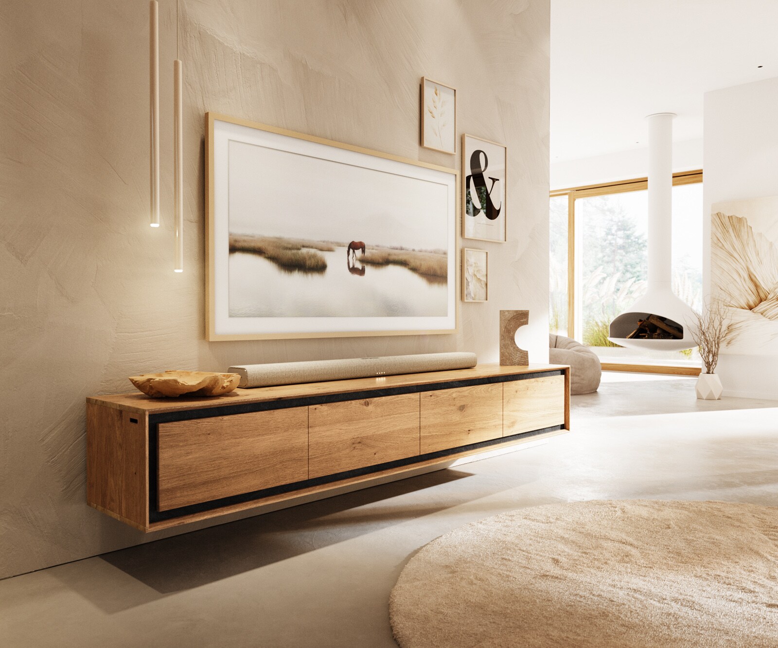 ТВ шкаф Stonegrace 200 cm естествен дъб 4 врати плаващ каменен фурнир