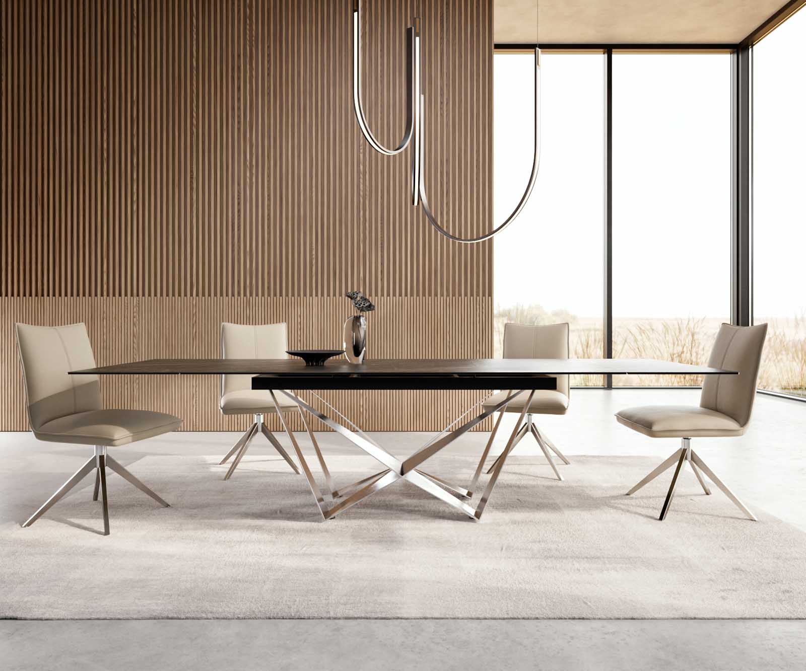 Разтегателна трапезна маса Edge 200-300х100 см Керамика Laminam®Noir Desir Кафяв Основа стомана тип Spider Сребристосив цвят 2
