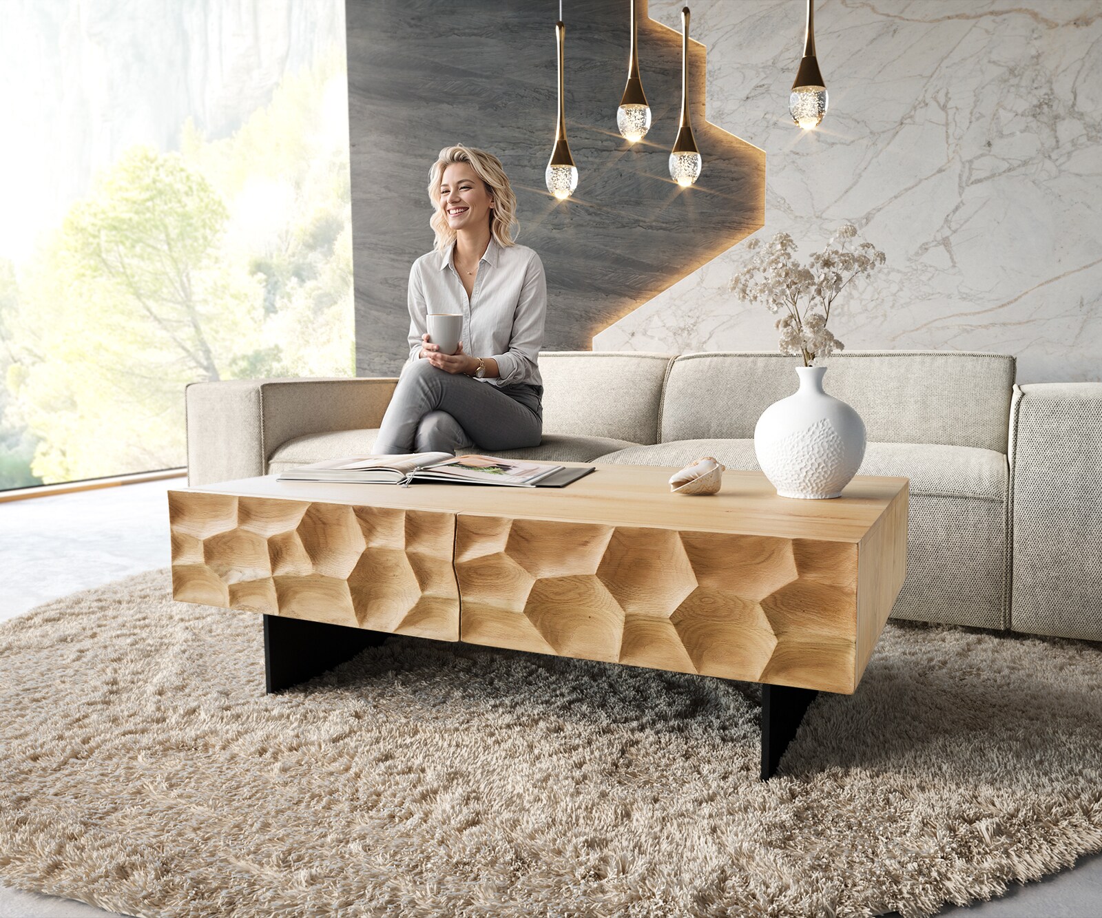 Холна маса 120x70 cm Дъб Натурал 4 Чекмеджета плаващ крак Метал Черен 3D-Front Solu