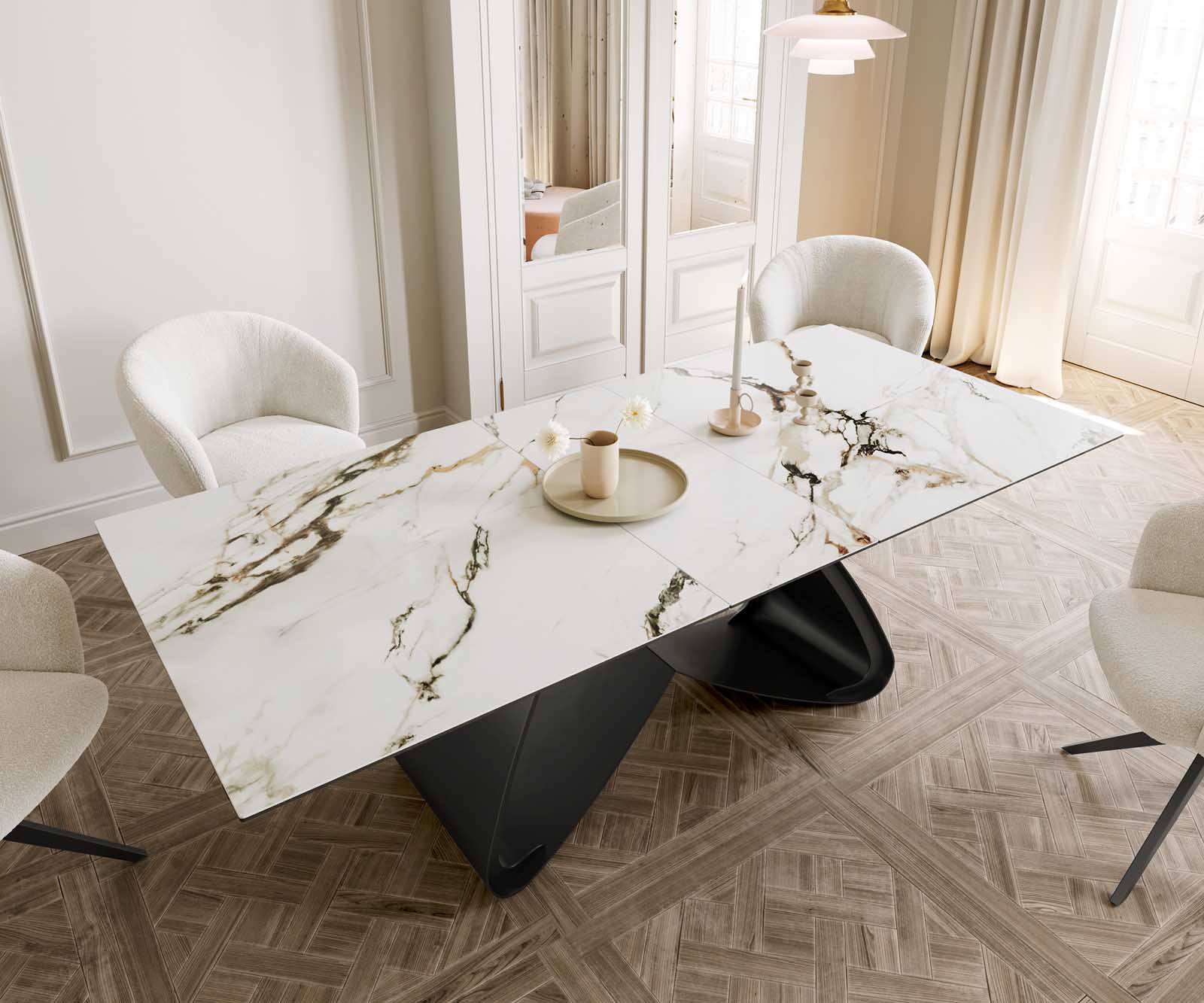 Разтегателна трапезна маса Edge 180-220х100 см Керамика Calacatta Luxe Бял-Злато-Сив W-образна основа Черен 5
