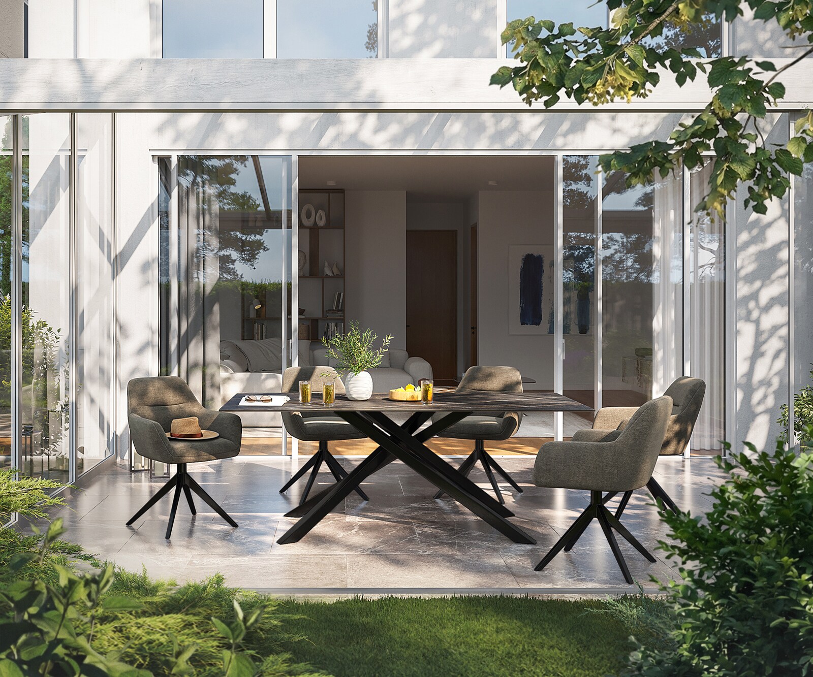 Луксозна външна маса Edge 200x100 см с керамичен правоъгален плот Laminam® Noir Desir, Кръстовидна основа, Кафява/Черна 4