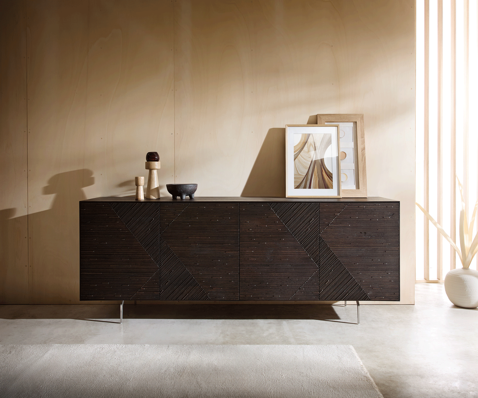 Шкаф Tereos 200 cm тъмнокафяв ясен 3D ефект 4 врати ъглова основа матирана неръждаема стомана 4