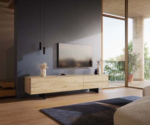 ТВ шкаф Cuor 220 см Керамика Laminam® Sabbia Дъбов цвят 1 врата 2 чекмеджета Основа Метал Черен