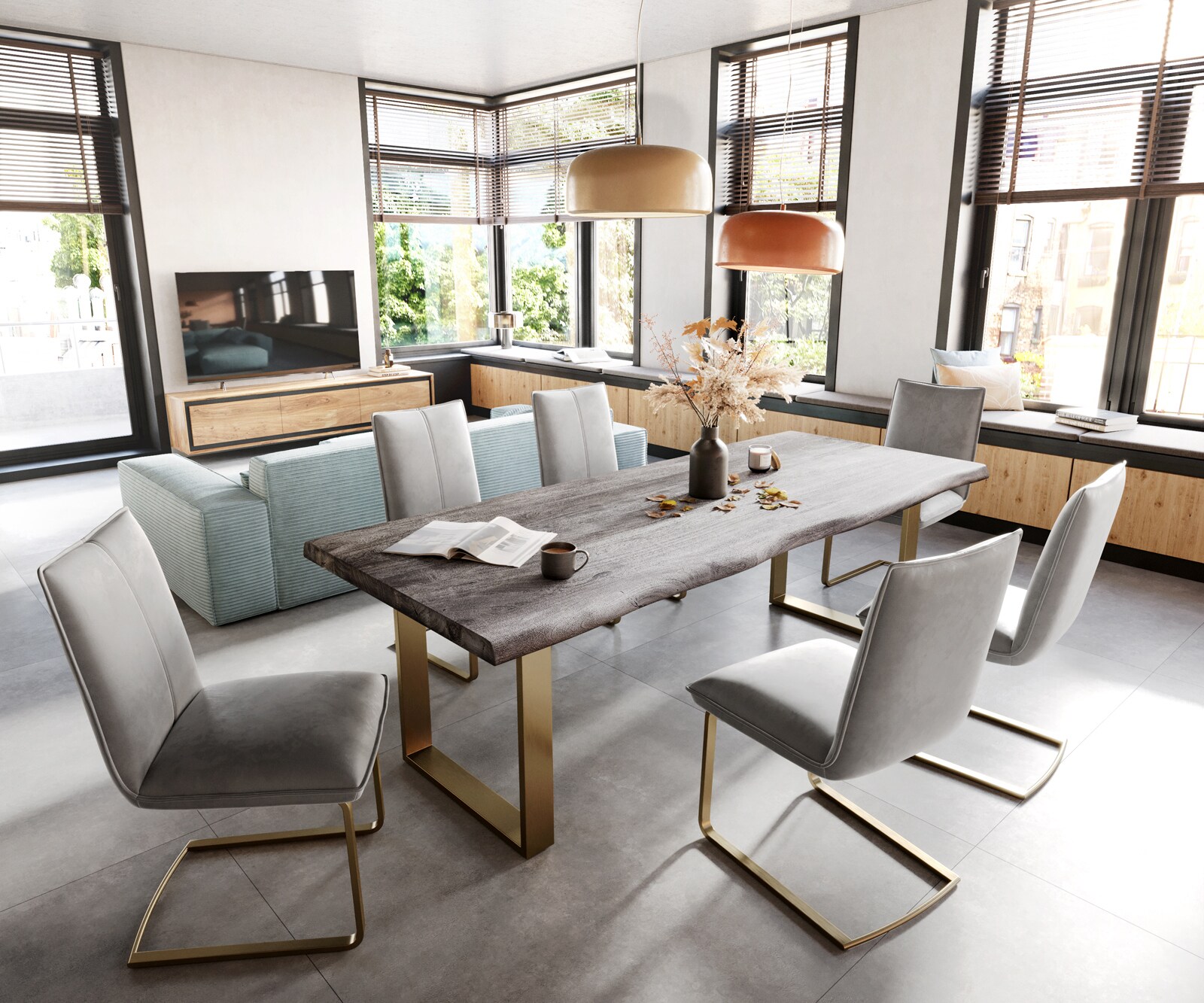 Люлеещ стол Кадифе Сив Конзолен крак плосък Злато  Покет пружина Lelio-Flex 4