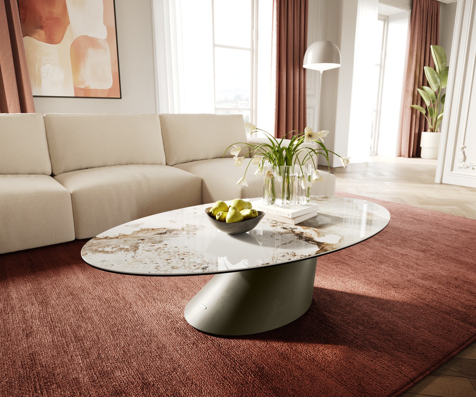 Масичка за кафе Edge Oval 140x80 cm керамика Minas Melange Conis метален ефект покритие титан 1