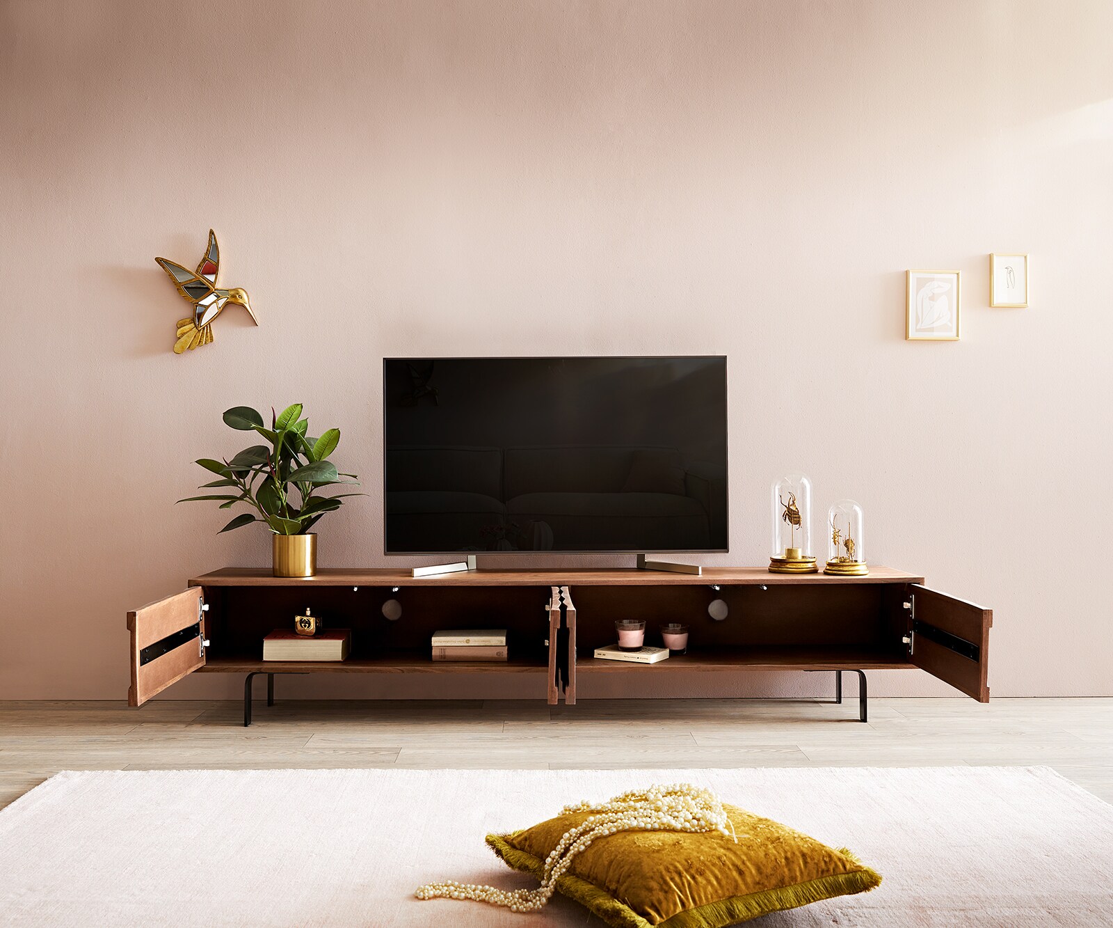 ТВ шкаф Fevo 200 cm, Масив Акация, 4 Врати, Г-Крак, Кафяв 3