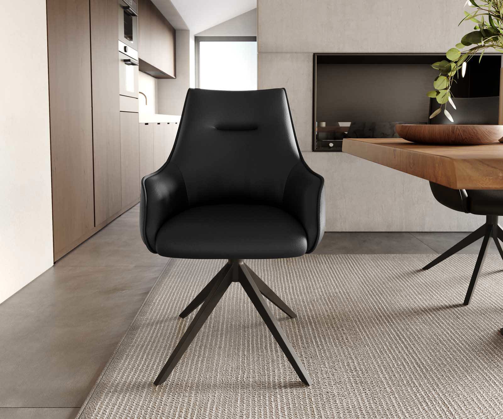 Врътящ се стол с подлакътници Естествена кожа Черен Конус крак плосък Черен 360° въртящ се Покет пружина Alja-Flex 2