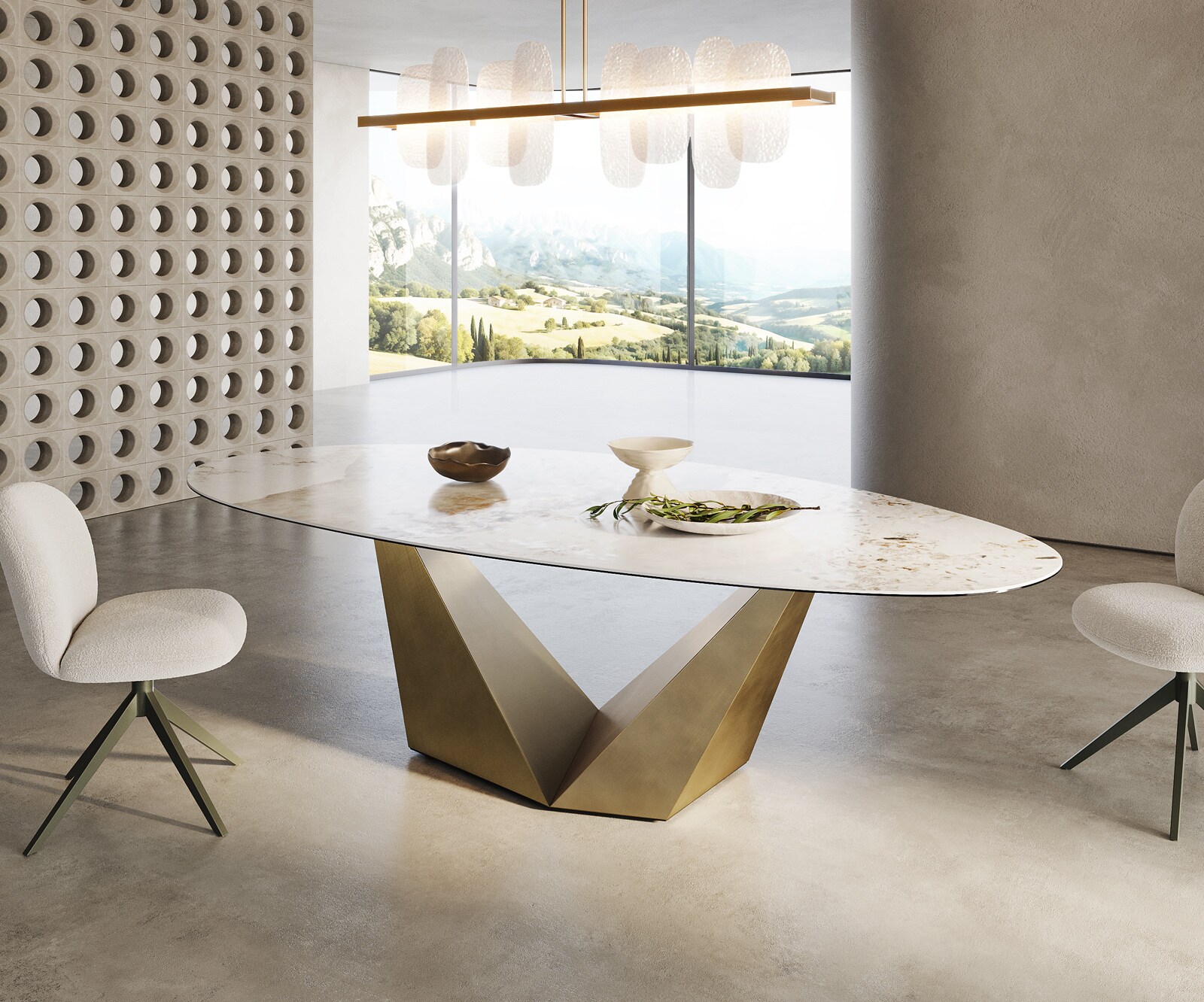 Edge Овална маса за хранене 280x130 керамика Minas Melange Бяло-бежово Prisma Metallic Gold 4