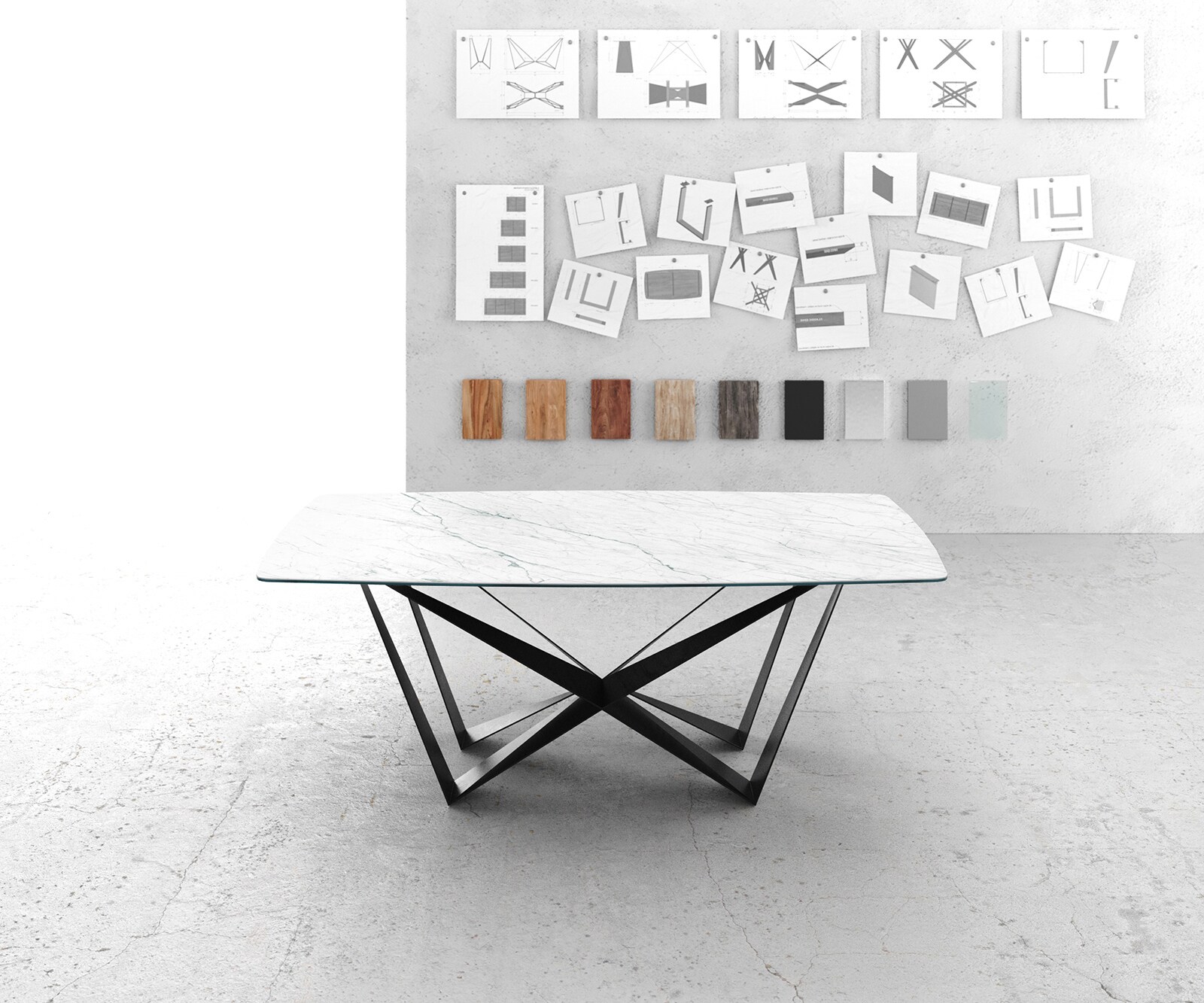 Маса Bootsform 200x100cm Keramik Laminam®Statuarietto Бял среден крак плоска стомана Черен Edge 1