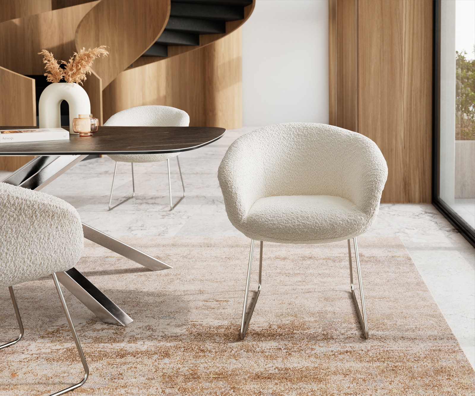 Трапезен стол с подлакътници Букле Бял Извити крака Неръждаема стомана Покет пружина Vinka-Flex 1 Трапезен стол с подлакътници Букле Бял Извити крака Неръждаема стомана Покет пружина Vinka-Flex 1