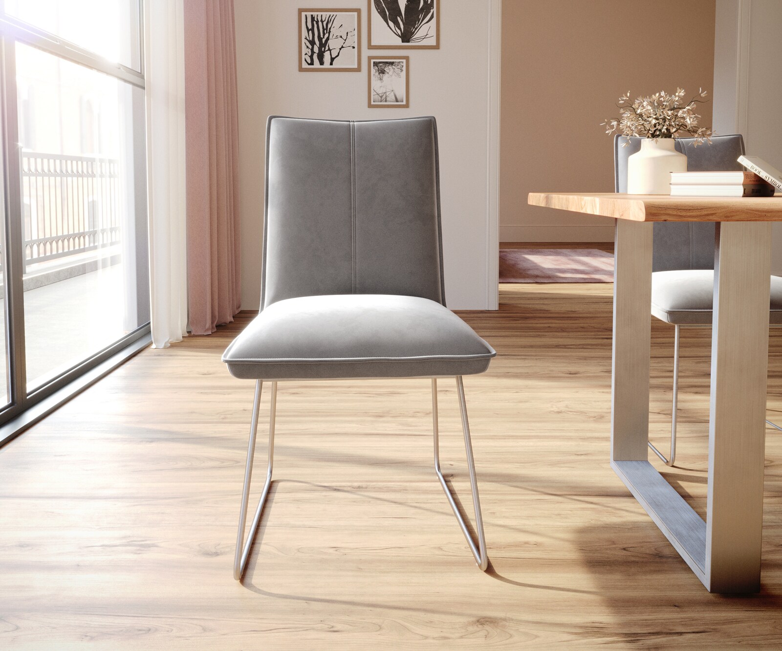 Трапезен стол Кадифе Сив Извити крака Неръждаема стомана  Покет пружина Lelio-Flex 2