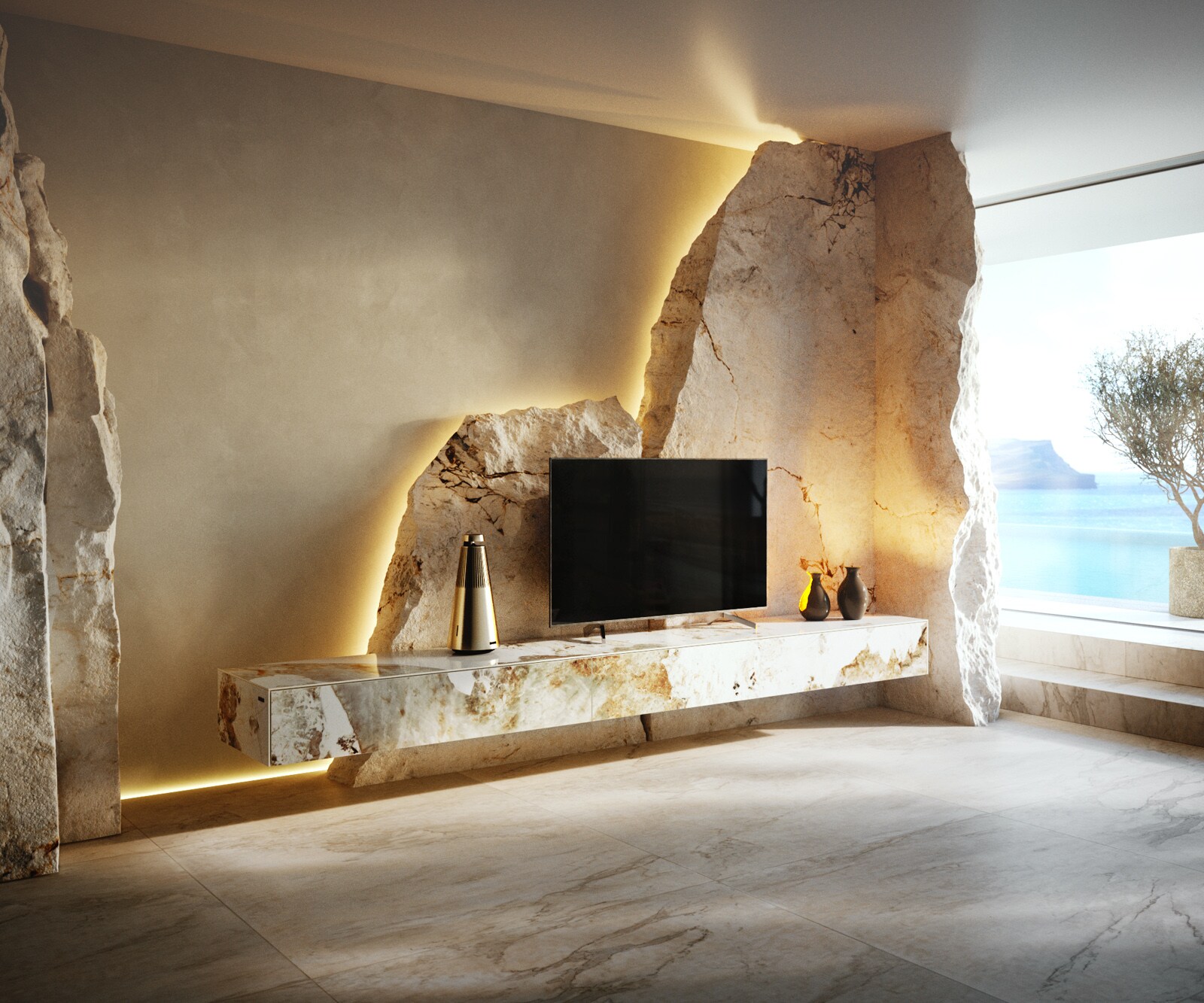 Нискък Шкаф Cuor 250 cm керамика Minas Melange бяло-бежово 1 клапа 1 чекмедже Плаваща 2