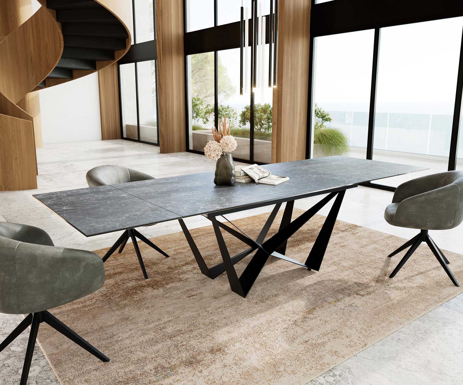 Маса 200-300x100 Keramik Laminam®Nero Greco Антрацит Spider плоска стомана Черен разтегателна Edge 3