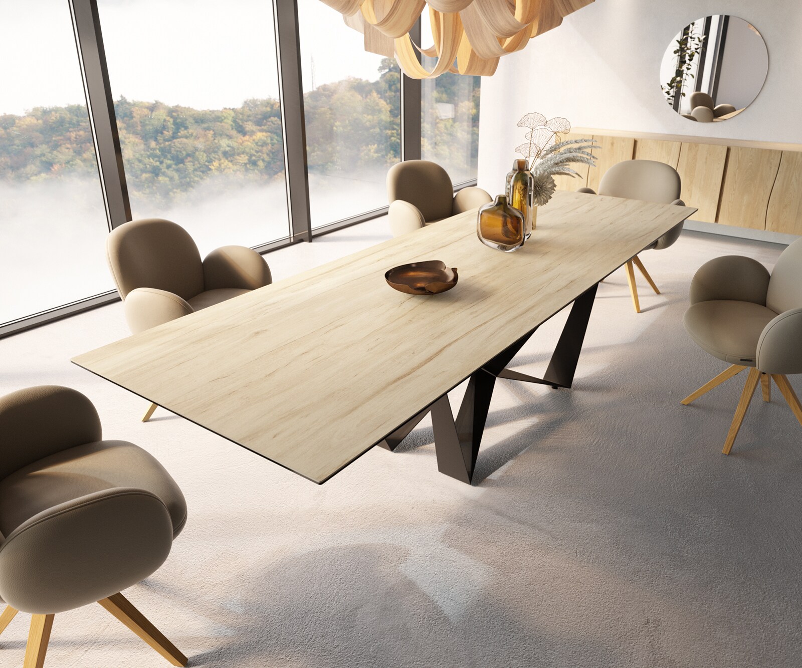 Маса 300x100 Keramik Laminam® Sabbia Дъбцвят Spider плоска стомана Черен Edge 5