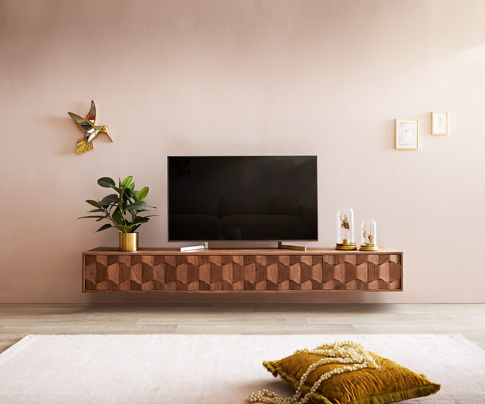 ТВ шкаф за стена Fevo 200 cm Масив Акация, 4 Врати, Кафяв 1