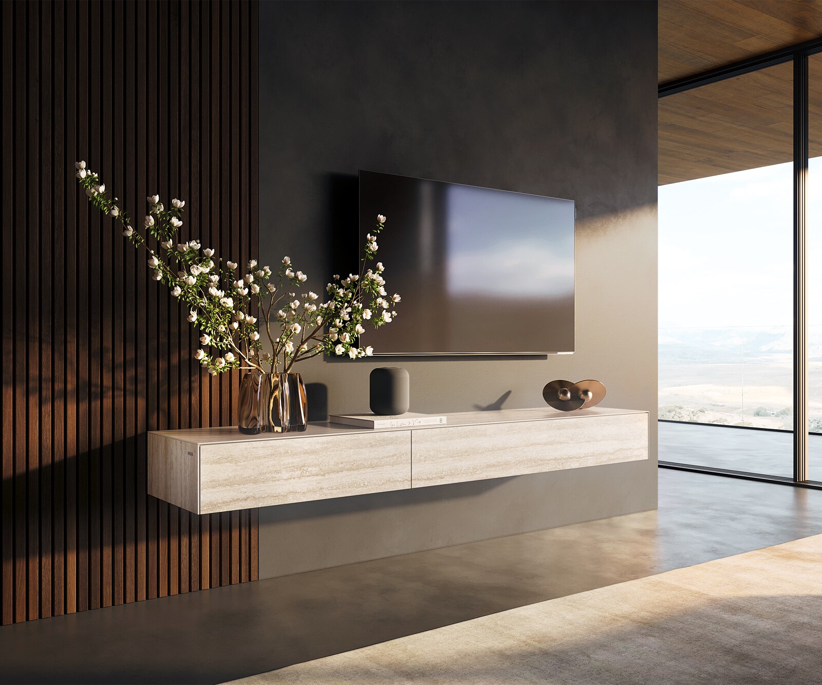 Ниска дъска Cuor 200 cm Керамичен ламинат® Travertino Bianco Крем-бяло 1 клапа 1 чекмедже Плаващо