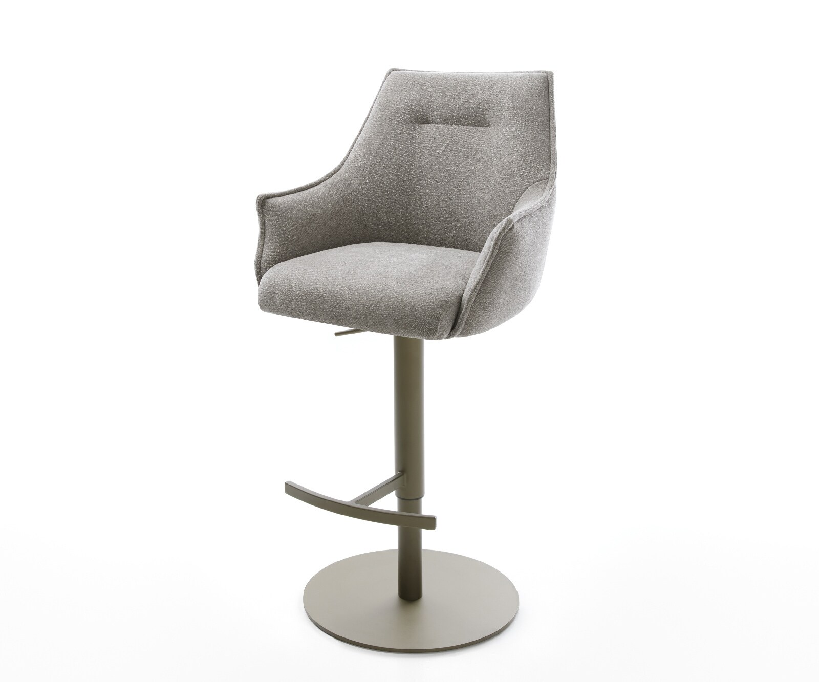 Бар стол Alja-Flex текстуриран плат меко сиво, въртяща се основа регулируема по височина, метална сърцевина от джобни пружини с титаниев цвят