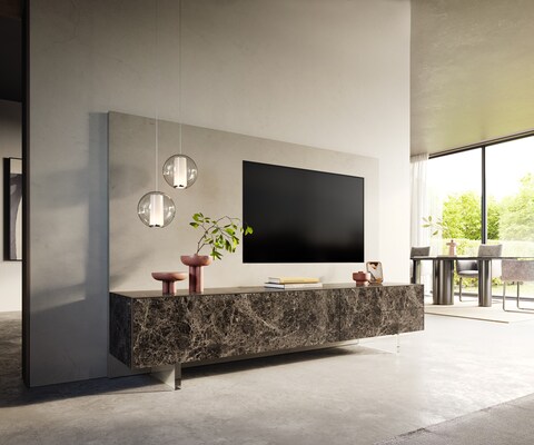 ТВ шкаф Cuor 220 см Керамика Laminam® Emperador Extra Lucidato Тъмно-кафяво 1 врата 2 чекмеджета Основа Акрилно стъкло