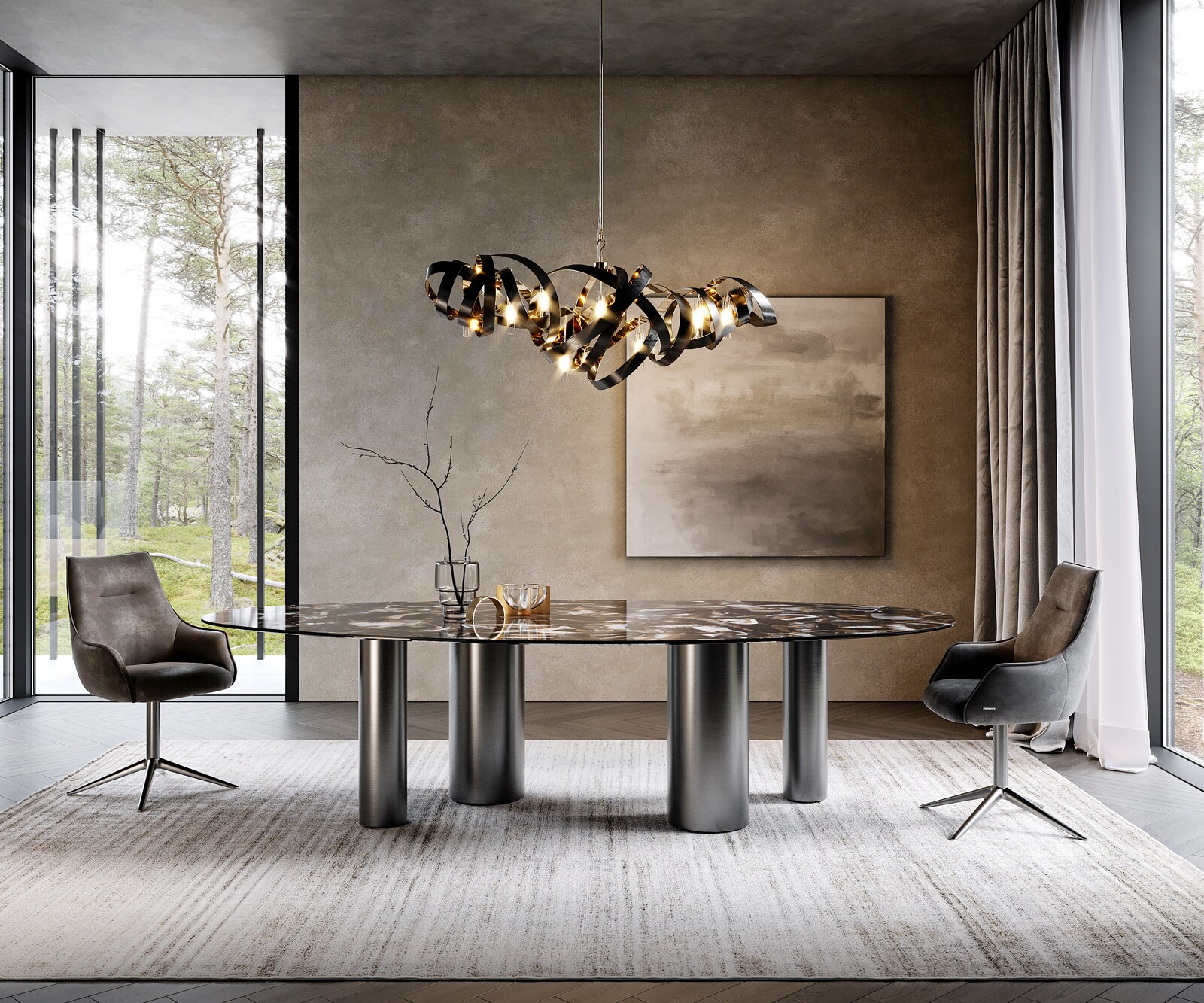 Edge Овална маса за хранене 280x130 керамика Iris FMG Agatablack Pilier неръждаема стомана графит 2